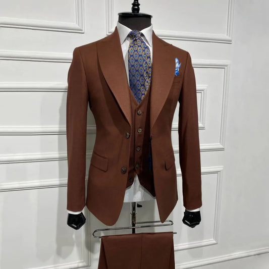 Men Suit Brown 3 Piece With Lapel Single Breasted Solid For Wedding Groom Birthday Banquet Party Business Work Jacket Vest Pants