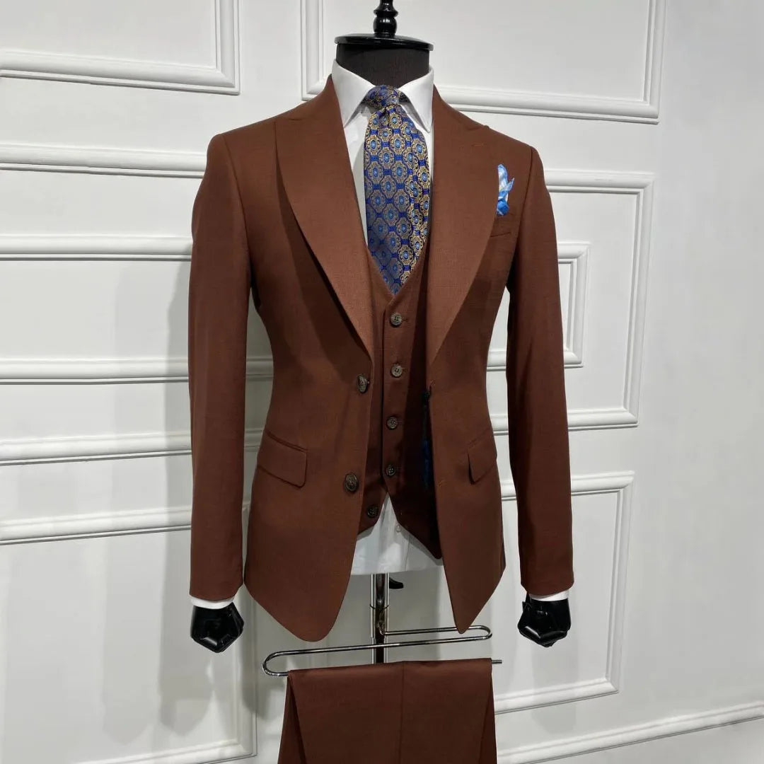 Men Suit Brown 3 Piece With Lapel Single Breasted Solid For Wedding Groom Birthday Banquet Party Business Work Jacket Vest Pants