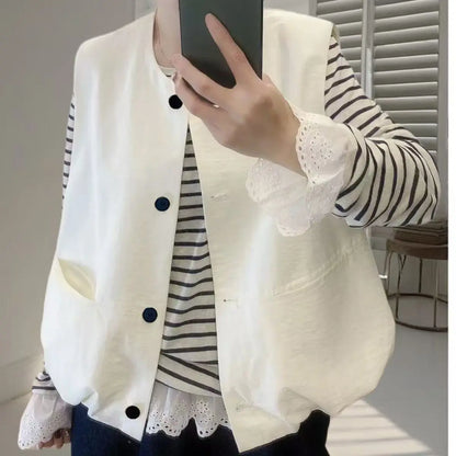 Vest Female Spring Autumn Casual Lined Waistcoat Women O-Neck Sleeveless Jacket Women Solid Single-breasted Vest Coat