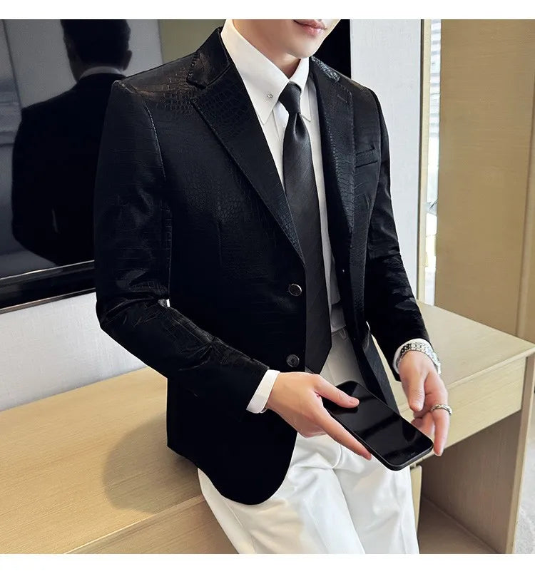 2026 Crocodile Patterned Leather Suit Jacket Men Slim Fit Business Casual Leather Jacket Wedding Groom Party Work Men Blazers