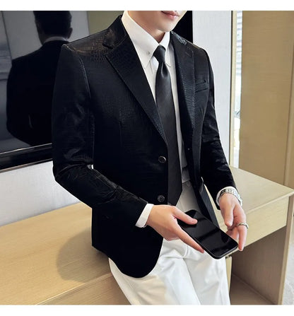 2026 Crocodile Patterned Leather Suit Jacket Men Slim Fit Business Casual Leather Jacket Wedding Groom Party Work Men Blazers