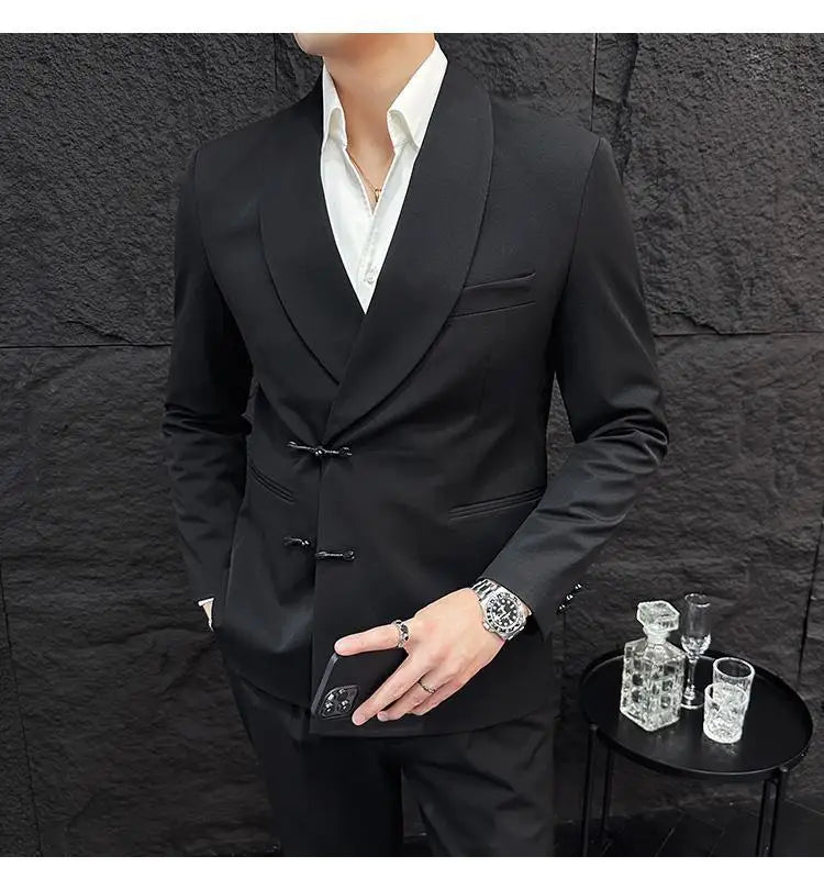 (Jacket+Pants) Vintage Luxury Chinese Style Suit Fashion Men High-end Elegant Business Social Wedding Dress Suit Tuxedo 2Pcs Set