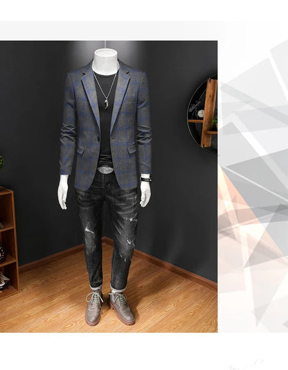2025 Slim Fit Men's Casual Suit Handsome Fashion Plaid Blazer Polyester Business Wedding High-Quality Male Attire
