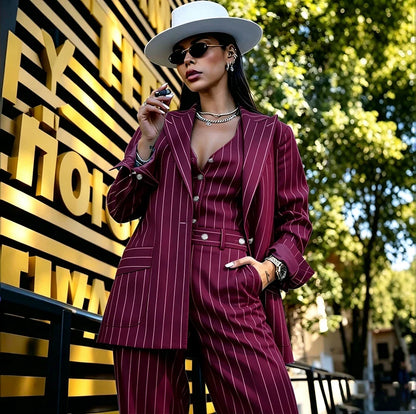 Women's Green Pinstripe 3-Piece Suit Professional (Blazer+Vest+Pants) Set Formal Outfit Chic Streetwear Evening Party Costume