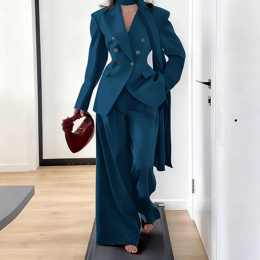 Elegant Women Double Breasted Suit Set Double Breasted Peaked Lapel Blazer+Pants Daily Slim Fit Office Evening Party Outerwears
