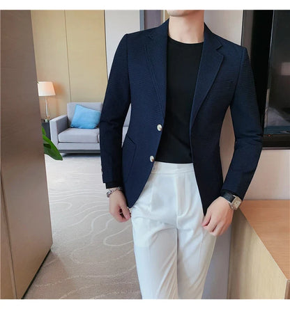 2025 Spring New Waffle Suit Coats Men Slim Fit Business Casual Blazer Jacket Homme Formal Groom Prom Wedding Tuxedo 4XL-M