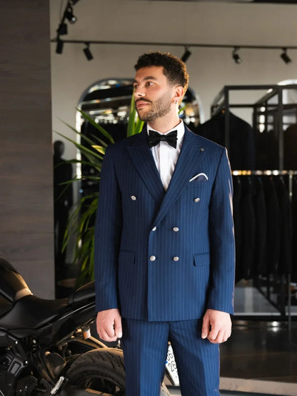 Hot Sale Classic Striped Men's Suits For Daily Office Handsome Double Breasted Peak Lapel Suit Set Wedding Birthday Party Wear