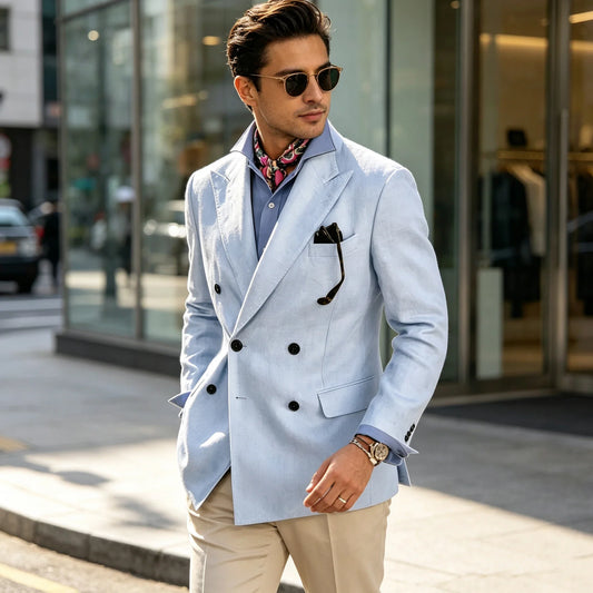 Men's Summer Linen Blazer Double Breasted Slim Fit Business Casual Suit Jacket Formal Coat For Wedding Party Office Daily Wear