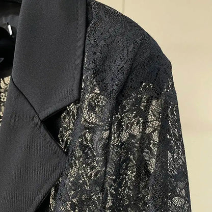 Women Black Sheer Floral Lace Blazer Long Sleeve Lapel Collar Single Breasted See Through Loose Fit Casual wear 2026 new
