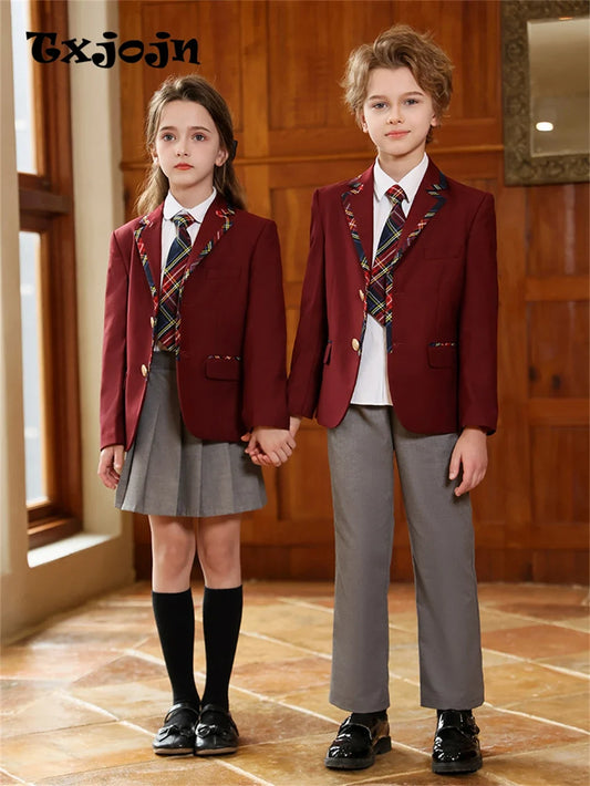 Burgundy Exquisite School Uniform 4 Pieces For Girls And Boys Daily Life Comfortable Kids Performance Suit Set On Sale