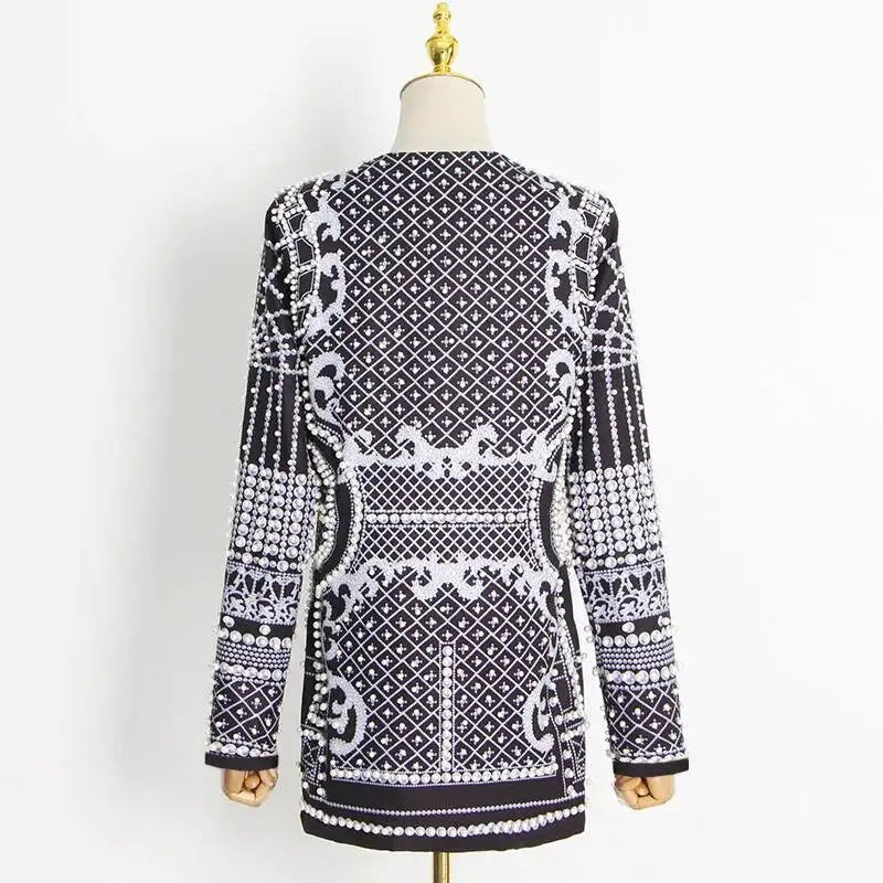 Autumn New Women's Elegant Fashion Luxury Heavy Craft Beaded Printed Coat Stylish V-neck Long Sleeve High-end Blazer HK8297