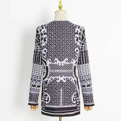 Autumn New Women's Elegant Fashion Luxury Heavy Craft Beaded Printed Coat Stylish V-neck Long Sleeve High-end Blazer HK8297