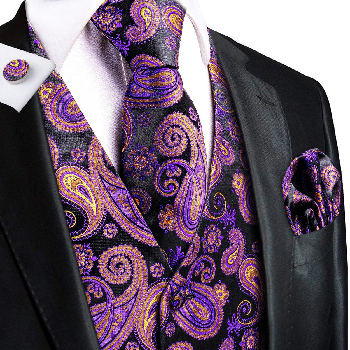 Men's Jacquard Floral Waistcoat Set with Tie, Pocket Square & Cufflinks – Purple Paisley, Wedding & Business