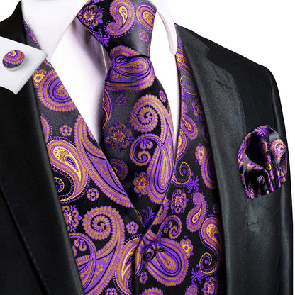 Men's Jacquard Floral Waistcoat Set with Tie, Pocket Square & Cufflinks – Purple Paisley, Wedding & Business