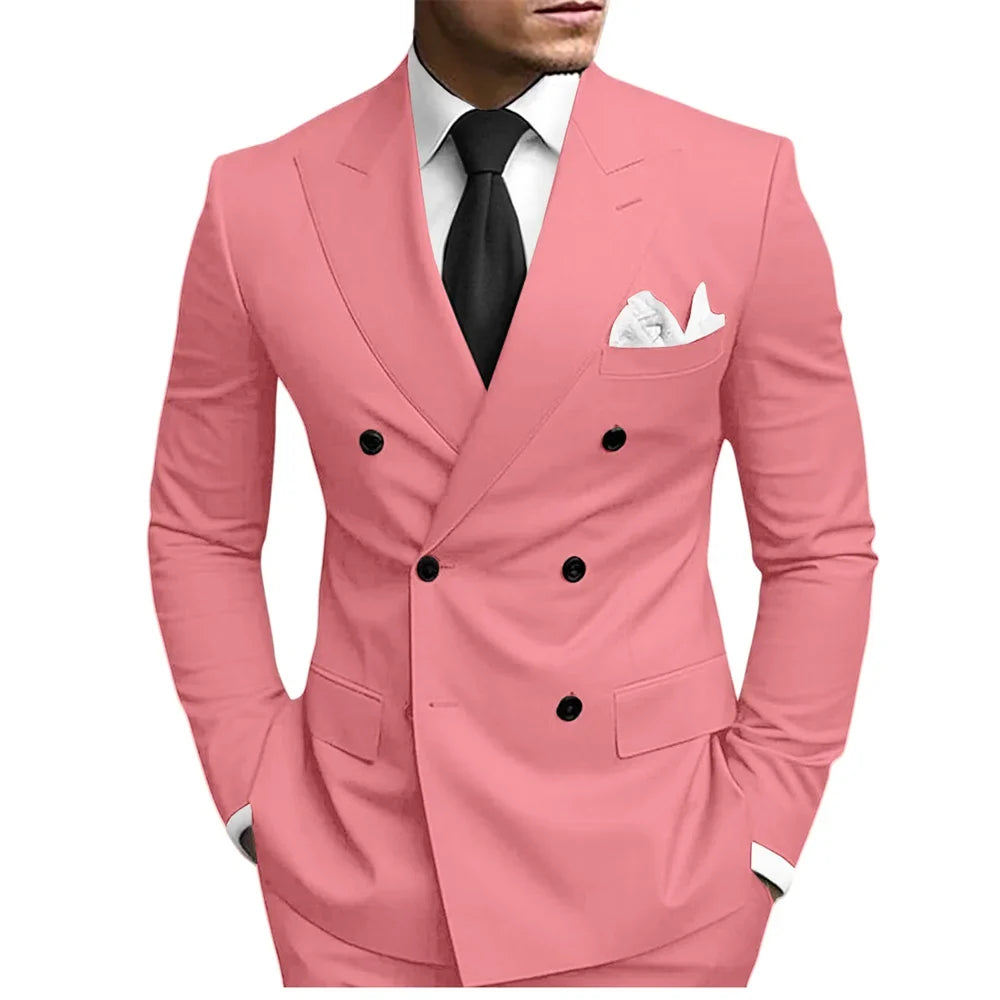 Classic Solid Suit Set 2 Pieces Jacket Pants For Men Wedding Groom Sets Double Breasted Men's Suits Banquet Tuxedo Wear XS-5XL