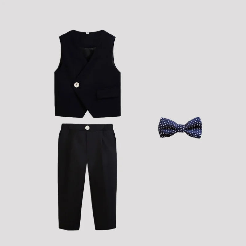 British Style Kids Piano Host Speech Performance Costume School Boys Vest Pants Bowtie 3Pieces Ceremony Clothing Set