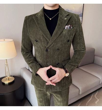 2025 Winter Woolen Men's Wedding Groom Suit Double Breasted Suit 3 Piece Set Business Casual Office Work Party Prom Dress Suits
