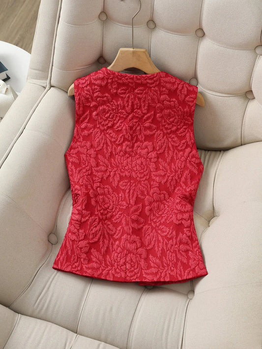 Women's Vintage Floral Jacquard Vest, V-Neck Button-Up Red Waistcoat, Elegant Sleeveless Jacket for Spring/Autumn