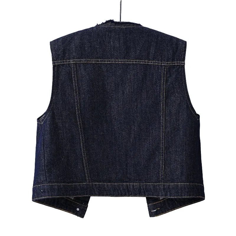 Women Denim Vest Coat Rough O Neck Vintage Short Sleeveless Jacket Female Cowboy Waistcoat Casual Tops Chaleco Mujer Outerwear