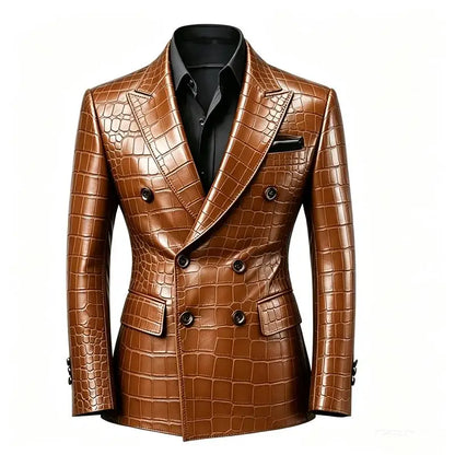 Men's Crocodile Embossed Leather Blazer Jacket Slim Fit Double Breasted Formal Suit Coat for Business Office Wrok Banquet Party