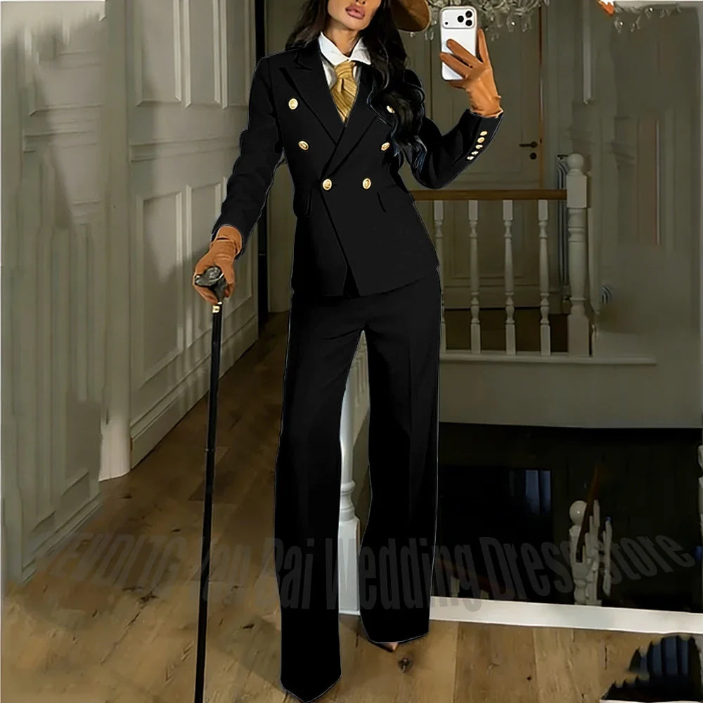 Navy Blue Women's Suit Regular Fitted Customized Peaked Lapel Blazer Professional Outfit(Jacket+Pants) Office Lady Daily Set