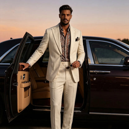 Men's Linen Blend Suit 2 Pieces Set Solid Color Peak Lapel Slim Fit One Button Jacket Pants Formal Outfit Wedding Business Casua