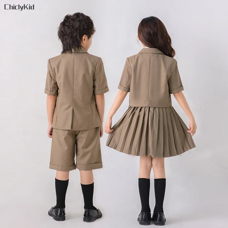 Child School Uniform Girls Korean Jacket Pleated Dress Summer Outfits Boys Blazer Formal Suits Shorts Kids Student Clothes Sets