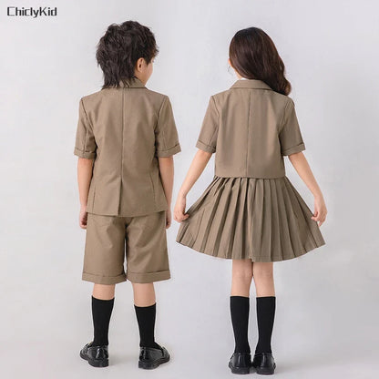 Child School Uniform Girls Korean Jacket Pleated Dress Summer Outfits Boys Blazer Formal Suits Shorts Kids Student Clothes Sets