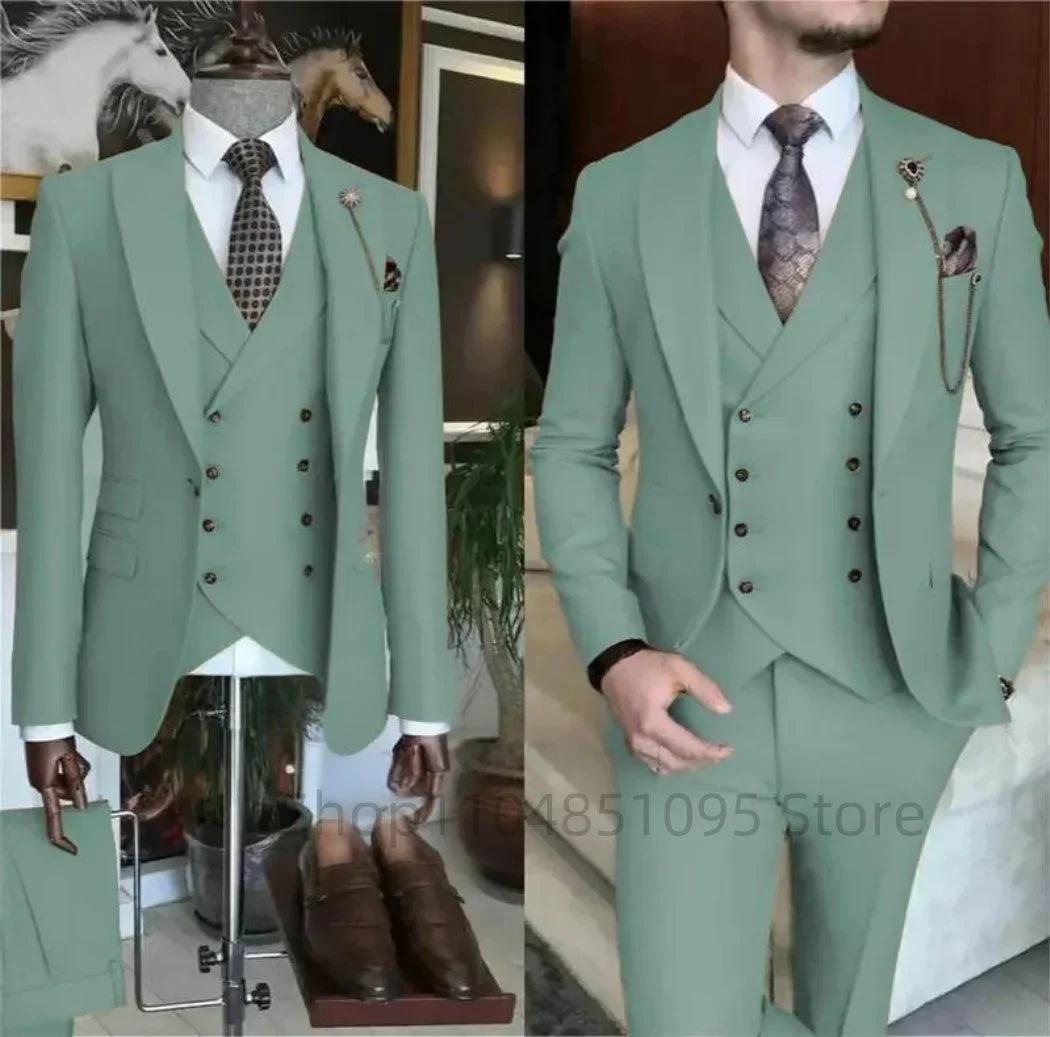 Fashion New Men's Formal Business/Wedding Groom Suits Solid 3 Pieces Men Suits Peak Lapel Single Breasted Blazer Vest Trousers