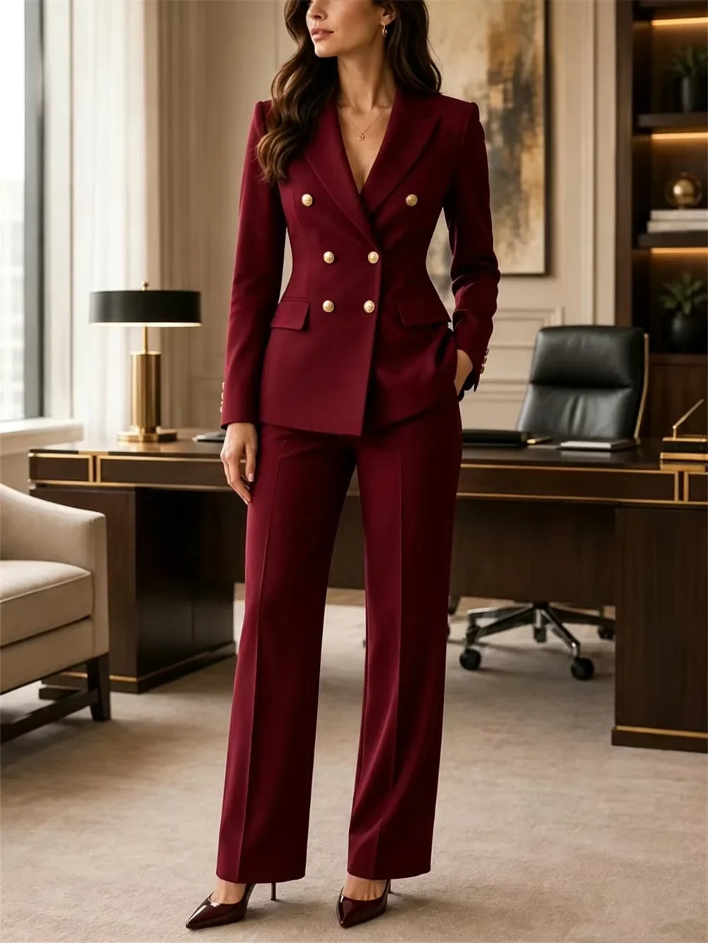 Office Lady Burgundy Women 2 Piece Pant Set Suit Double Breasted Gold Button Fitted Blazer Pants Office Business Prom Customized