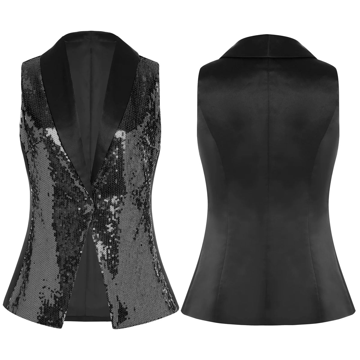 Women's Tassel Sleeveless Waistcoat Shiny Sequins Vest Glitter Fashion Open Front Vests Disco Jazz Dance Music Festival Clubwear