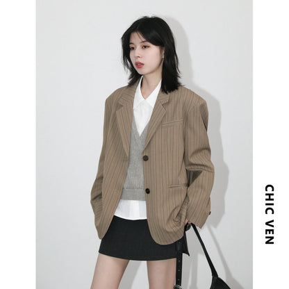 New Women Blazers Single-breasted Loose Casual Retro Striped Office Ladies Suit Jacket Female Coat Spring Autumn 2026