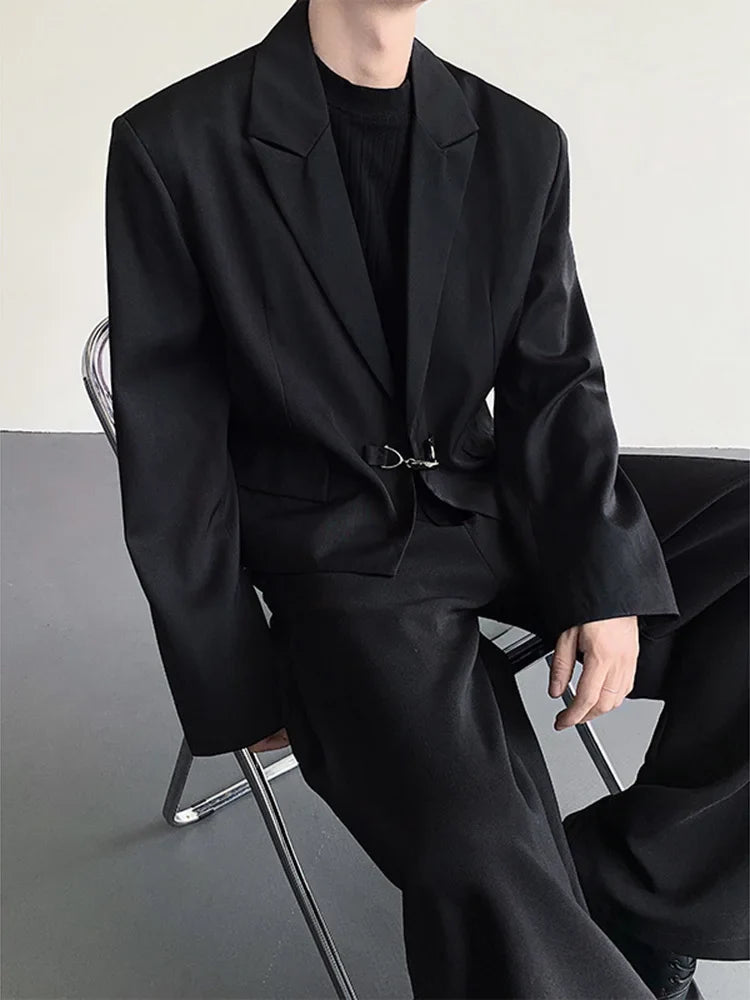 Fashion Korean Elegant Metal Buckle Placket Loose Blazer Coat Men 2025 New Solid Color Trendy Casual Male Clothes JY3447