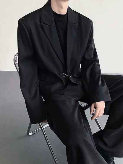 Fashion Korean Elegant Metal Buckle Placket Loose Blazer Coat Men 2025 New Solid Color Trendy Casual Male Clothes JY3447