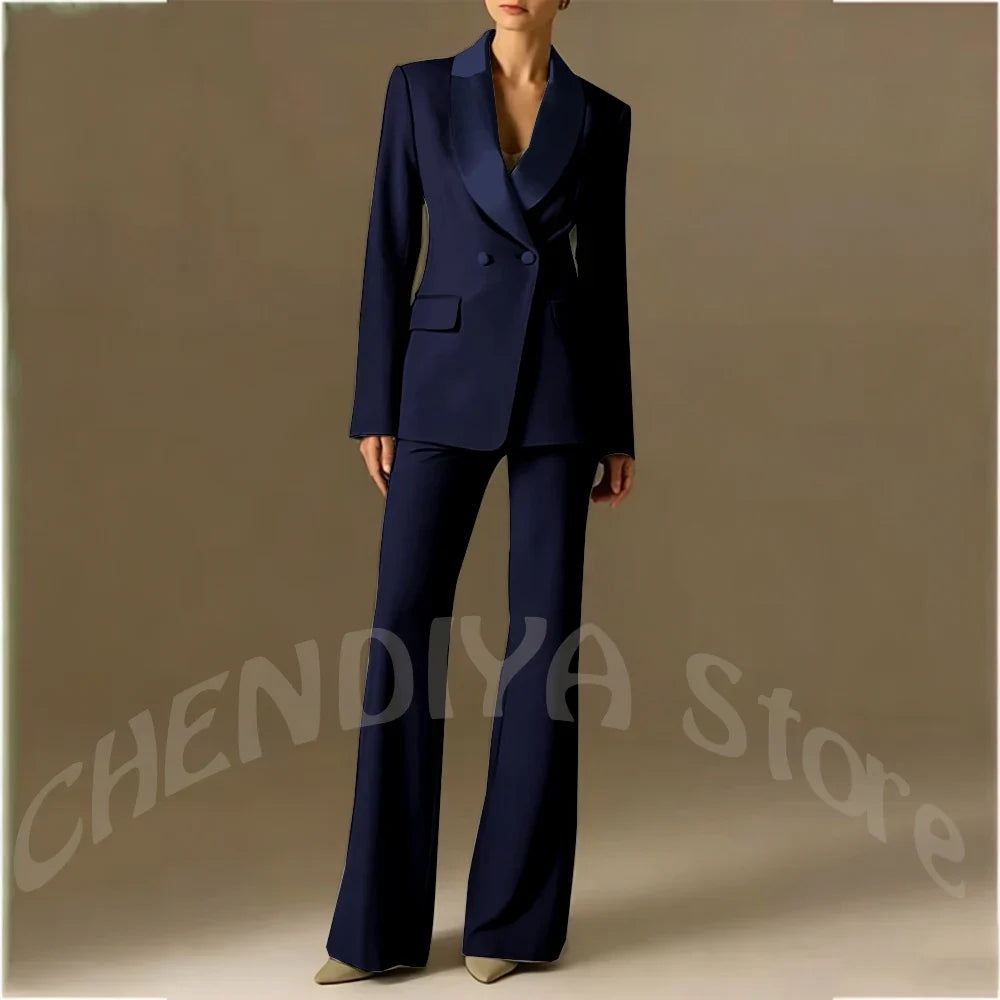 Classic Shawl Lapel Suit For Women Elegant Double Breasted Outfit Solid Color Two Piece Straight Modern Style Office Wear