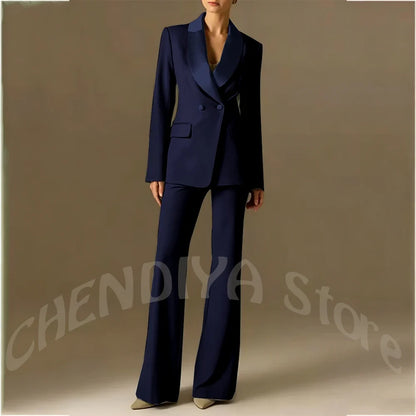Classic Shawl Lapel Suit For Women Elegant Double Breasted Outfit Solid Color Two Piece Straight Modern Style Office Wear