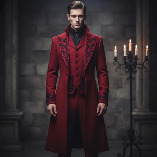 3 Pieces Men Gothic Vampire Outfit Long Stand Collar Coat Black Scroll Embroidery Matching Waistcoat And Pants Suits Customized