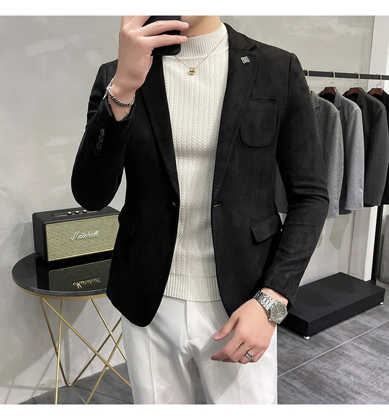 2023 Spring Suede Suit Jacket Men Casual Business Slim Fit Blazer Deerskin Leather Jacket Men Wedding Street Wear Social Coat