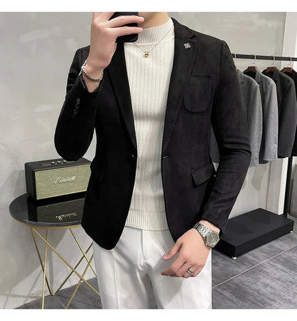 2023 Spring Suede Suit Jacket Men Casual Business Slim Fit Blazer Deerskin Leather Jacket Men Wedding Street Wear Social Coat