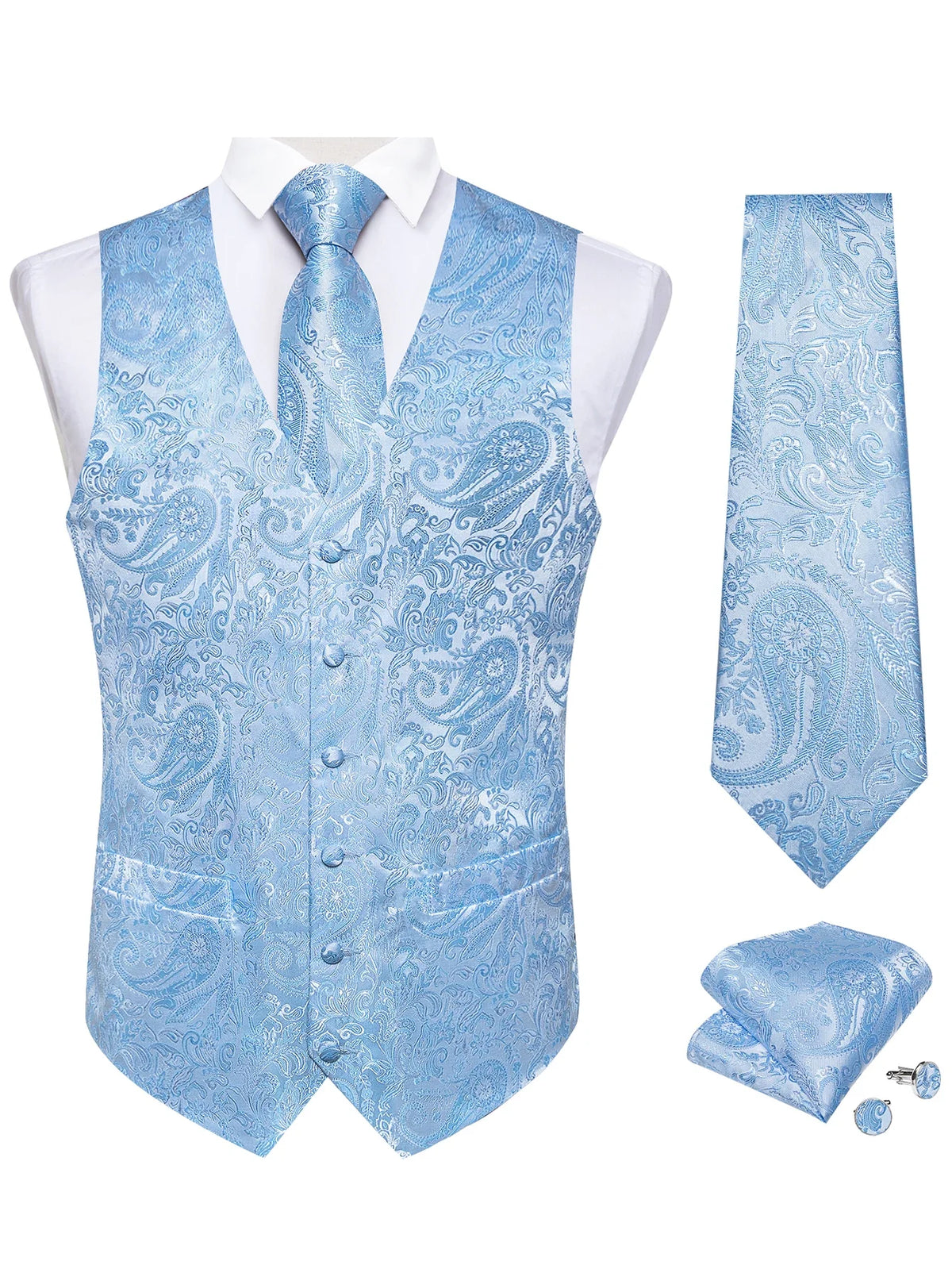 Men's Paisley Waistcoat Set – Single Breasted Formal Vest with Necktie and Pocket Square for Weddings and Business Events