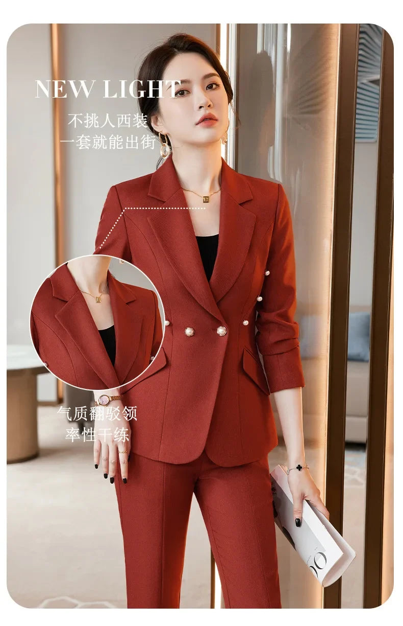 Office Lady Formal Blazer Pants Suits 2 Piece Matching Set Conjuntos Para Mujeres Plus Size Jacket Split Flare Pants Sets New