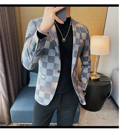 Brand Luxury Plaid Suit Jacket for Men 2023 Autumn Casual Blazer Masculino Fashion Slim Business Wedding Groom Social Dress Coat
