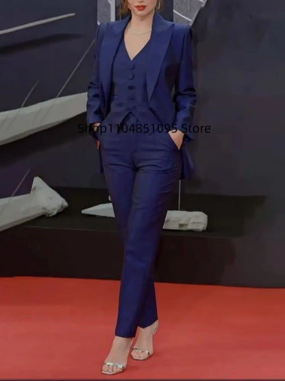 Navy Blue Single Breasted Women Set New Female 3 Pieces (Blazer+Trousers+Vest) Formal Evening Party Suits Daily Office Lady Set