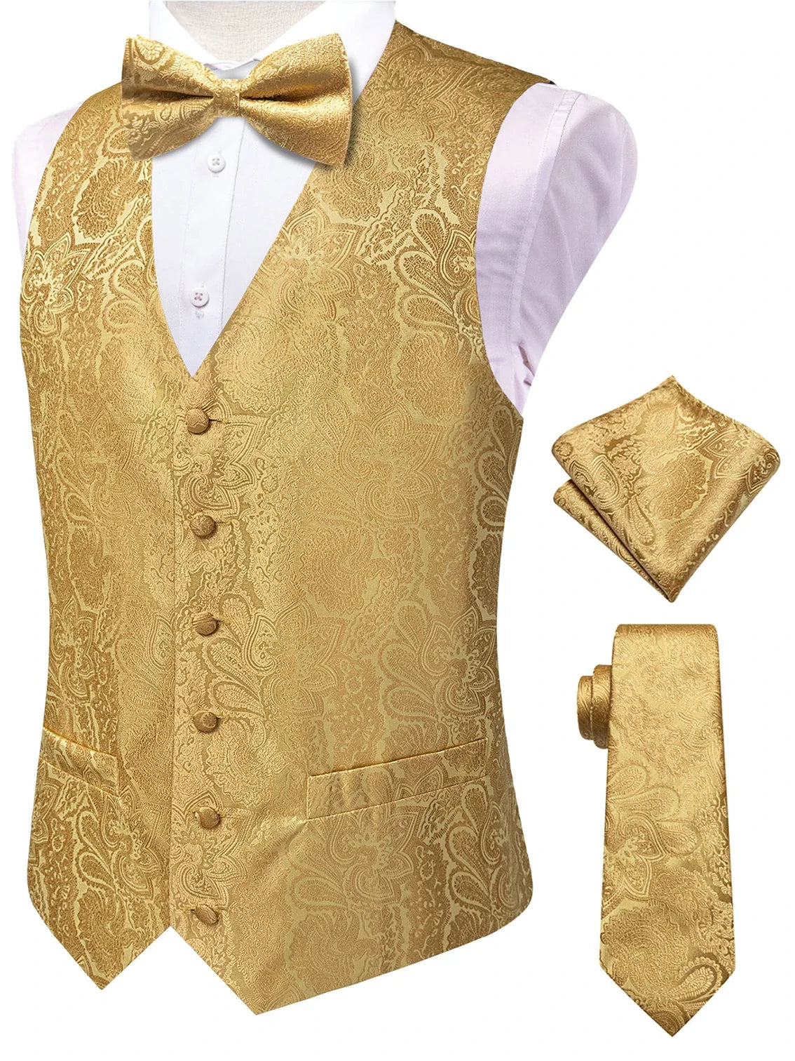 Men's Luxury Pink Jacquard Floral Vest Set – Formal Wedding & Prom Waistcoat with Tie, Bowtie & Pocket Square
