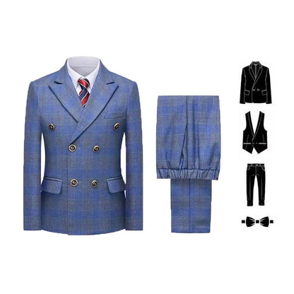 Gentleman Kids Blue 4Piece/Set Jacket Vest Pants Bowtie Photograph Suit Boys Piano Dress Children Graduation Performance Costume