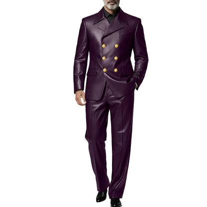 Men's Leather 2 Piece Suit Retro Double Breasted Peak Lapel Slim Fit Blazer Straight Leg Pants Formal Set Business Casual Weddin