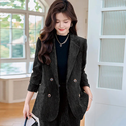 Pleuche Women Suits Office Sets 2024 Autumn New Fashion Notched Double Breasted Blazers Vintage Casual Wide Leg Pants Suits