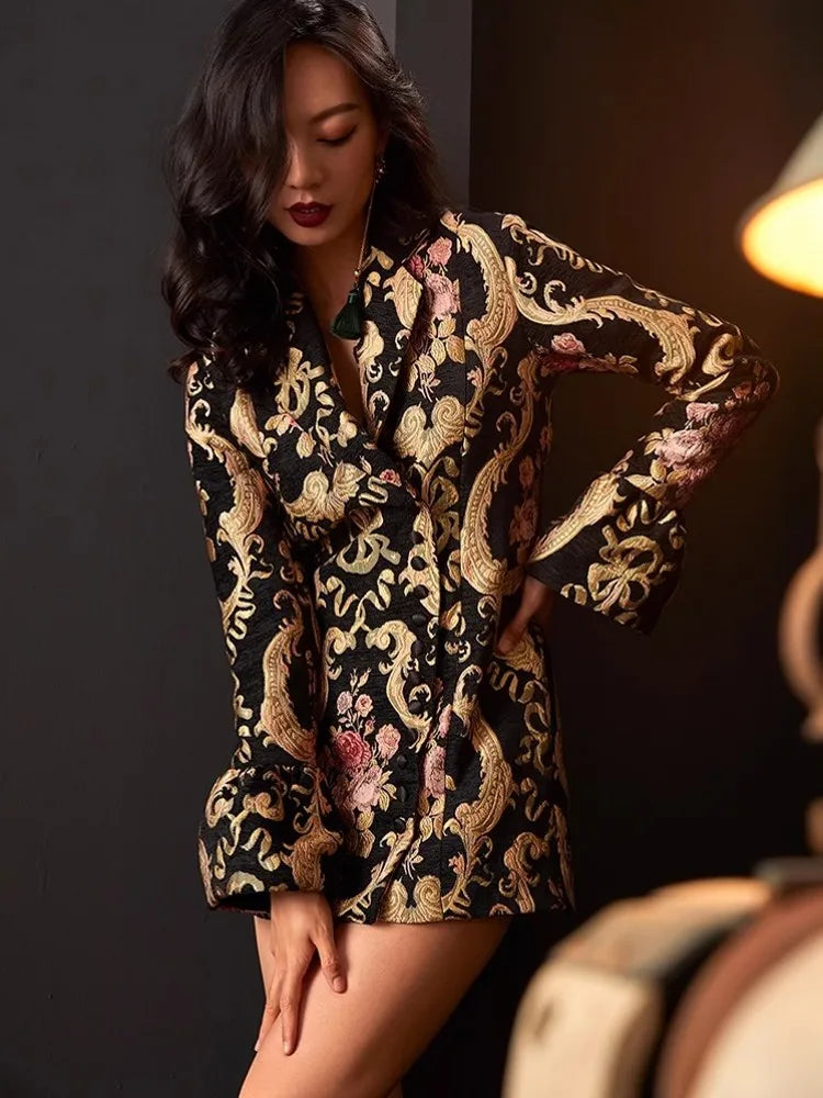 Vintage Women Slim Fit Single Breasted Floral Jacquard Long Blazer Jacket Stage Show Suit Coat Autumn New OL Party Outwear Coat
