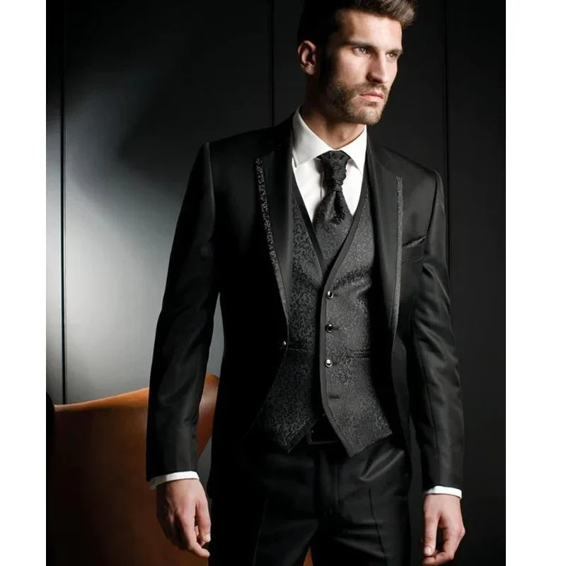 Black Jacquard Slim Fit Wedding suits for Groom 3 Piece Man Fashion Suits Jacket Waistcoat with Pants Notched Lapel Male jacket
