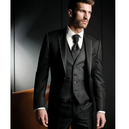 Black Jacquard Slim Fit Wedding suits for Groom 3 Piece Man Fashion Suits Jacket Waistcoat with Pants Notched Lapel Male jacket